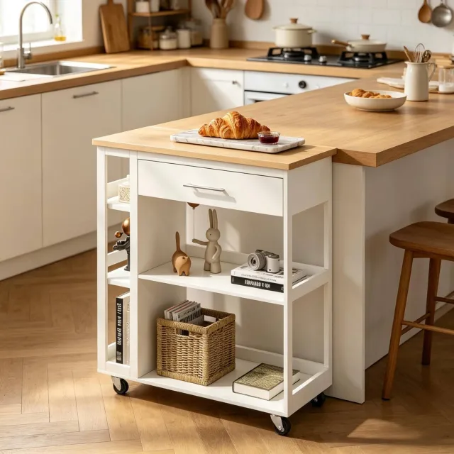 WUVRIE Keukentrolley 73x38x88 cm - Met lade, open planken en 4 wielen - Wit/houtlook