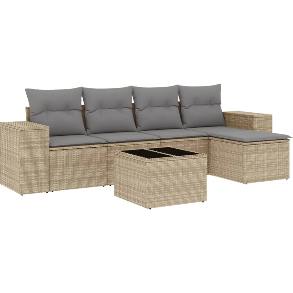 vidaXL 6-delige Loungeset met kussens poly rattan beige