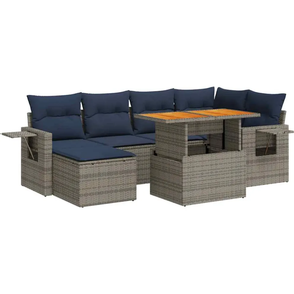 vidaXL 7-delige Loungeset met kussens poly rattan grijs