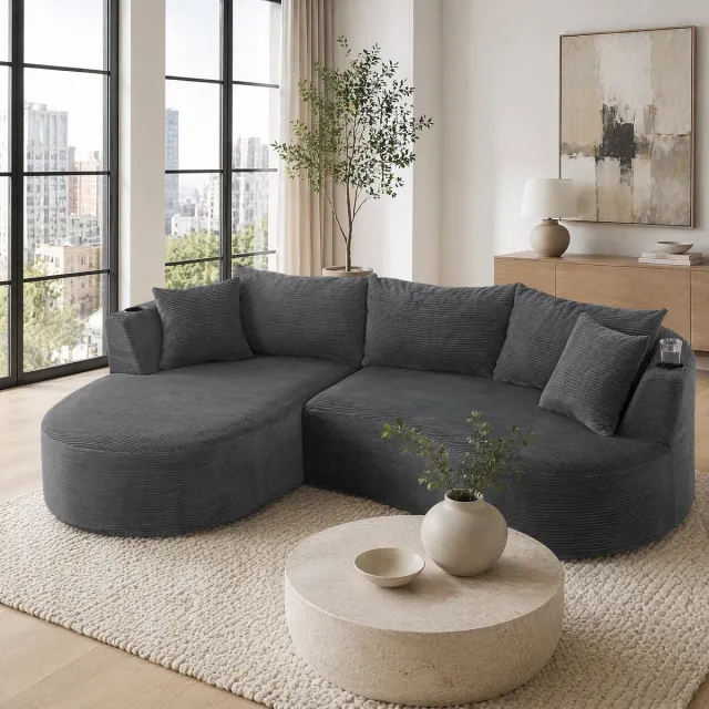 Wishdor Hoekbank links - 3-zits bank met bogenvorm, cordstof, bekerhouders en kussens - Grijs - 264 x 168 x 76 cm - Voor woonkamer, hotel, appartement en kantoor