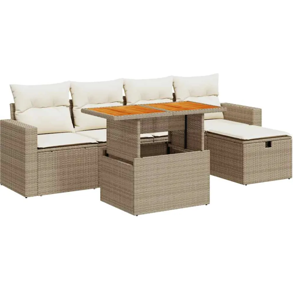 vidaXL 6-delige Loungeset met kussens poly rattan acacia beige, foto 3