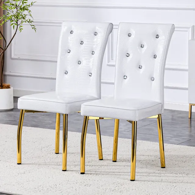 Wishdor Set Van 2 Eetkamerstoelen - Gestoffeerd En Comfortabel - Retro Ontwerp Met Kristalgespdetails - Voor Eethoek Of Keuken - Metaal En PVC - Goudkleurige Poten En Witte Bekleding - Verstelbare Voetdoppen Goud, Wit