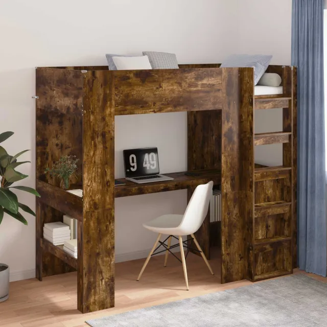 vidaXL Loft Bedframe met Bureau met plank Gerookt eiken 100 x 200 cm Bruin