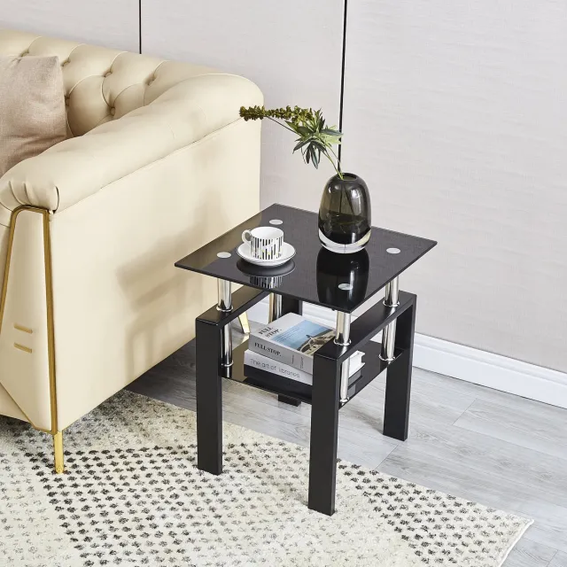 OKWISH Bijzettafel 2-Delige Set Gehard Glas Modern Vierkant Design Zwart Metaal Voor Woonkamer En Slaapkamer