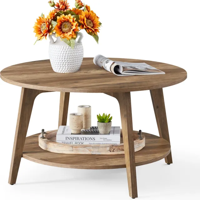 Vasagle Salontafel - Bijzettafel - Ronde - 2 Lagen - Eenvoudig te Monteren - Voor Woonkamer Honingbruin