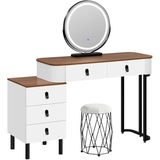 BukkitBow Kaptafel met LED Verlichting - 360° Draaibare Spiegel - Verstelbare Zijkast - Make-uptafel voor Slaapkamer - Kaptafel met Stoel (Set)
