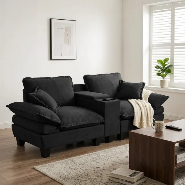 MODENUIT Hoekbank 224x82x90 cm - Met USB, Opbergruimte en Bekerhouders - Voor Woonkamer en Appartement - Chenille Zwart