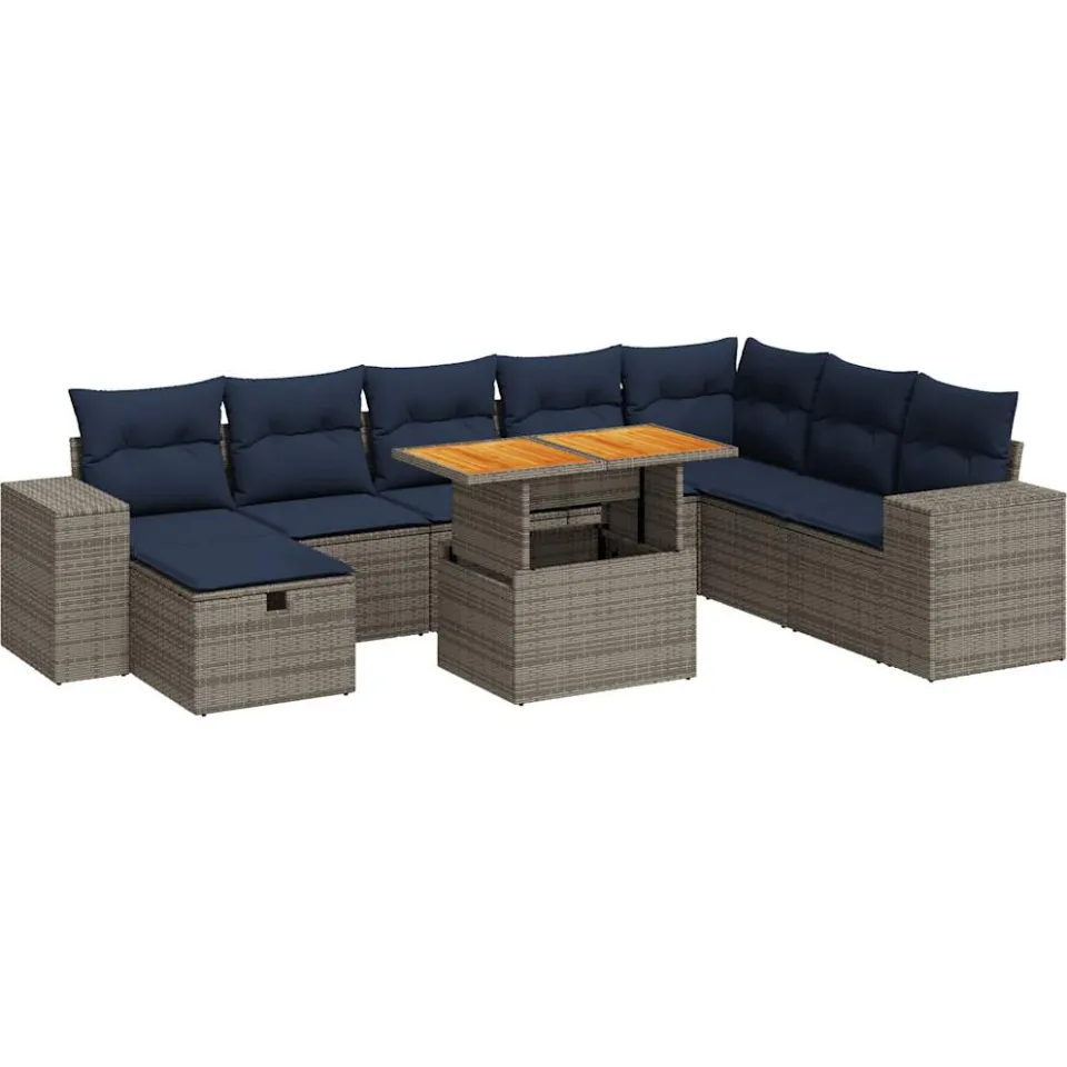 vidaXL 9-delige Loungeset met kussens poly rattan acacia grijs, foto 3