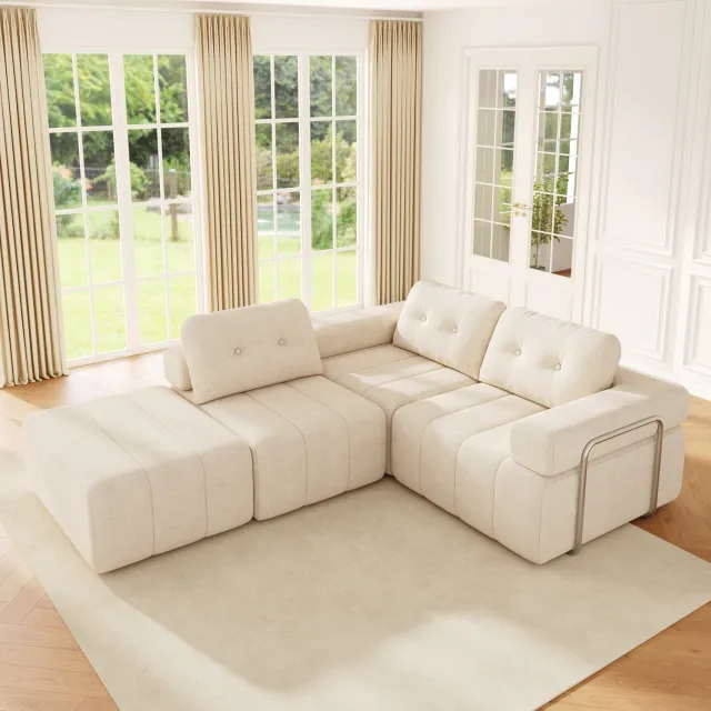 MODENUIT Hoekbank 258 x 165 x 79 cm - Modulair met Slaapfunctie en Hocker - Woonkamer - Chenille - Beige