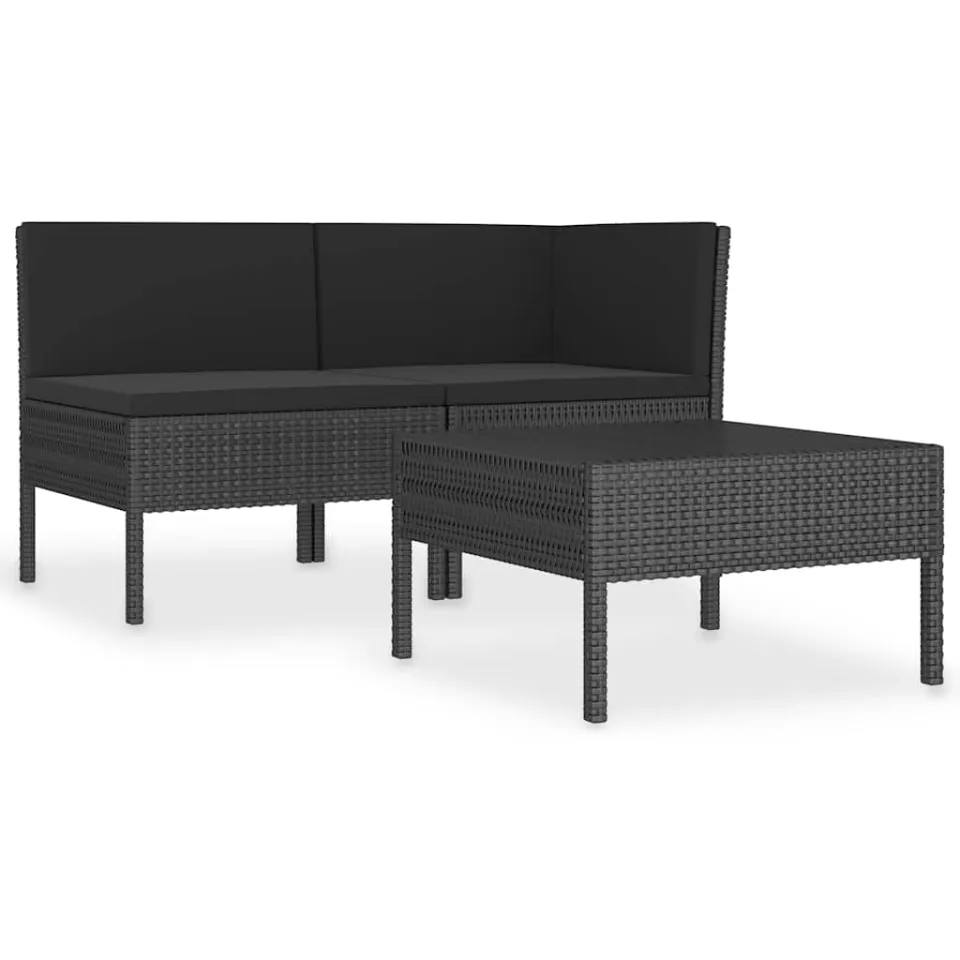 vidaXL 3-delige Loungeset met kussens poly rattan zwart, foto 3