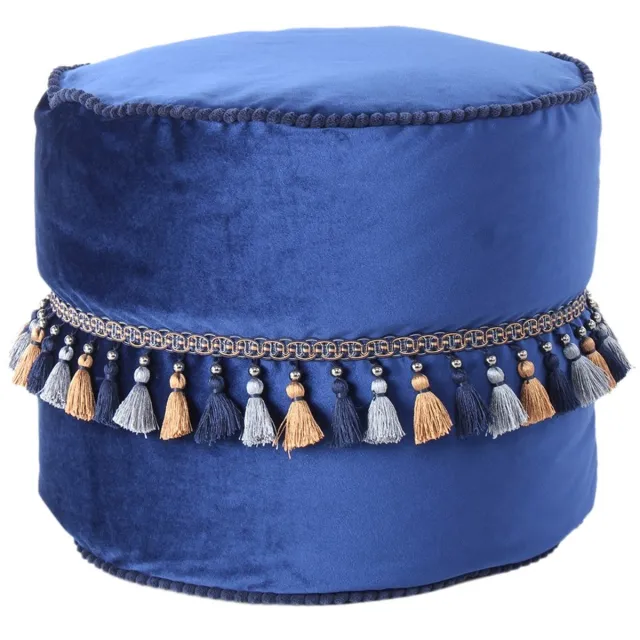 Padiro ronde poef Ø 45 x 38 cm - blauw - fluweel - macramé en kwastjes