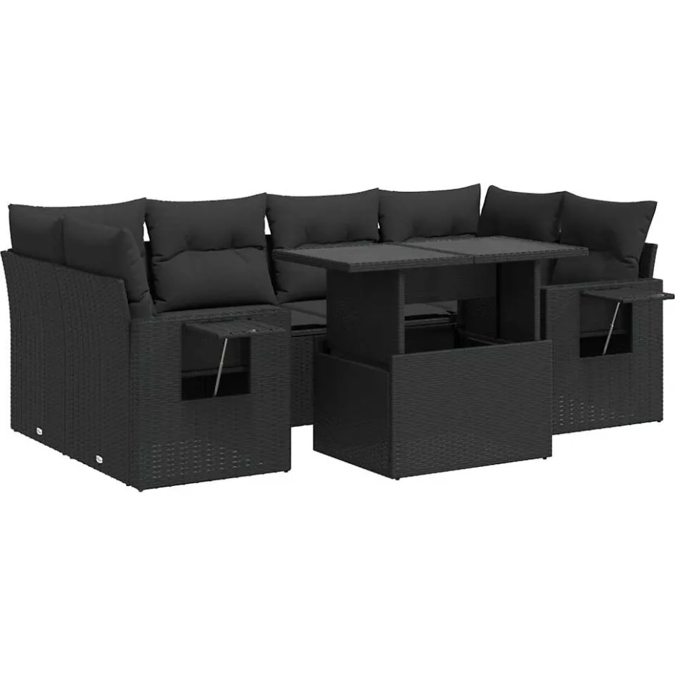 vidaXL 7-delige Loungeset met kussens poly rattan zwart, foto 3