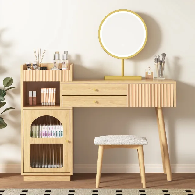 DantefHandels Kaptafel Set, kaptafel met led-spiegel en verlichting met drie kleuren, kaptafel van hout voor slaapkamerstudio - afmetingen: B120/H90/T40 cm natural
