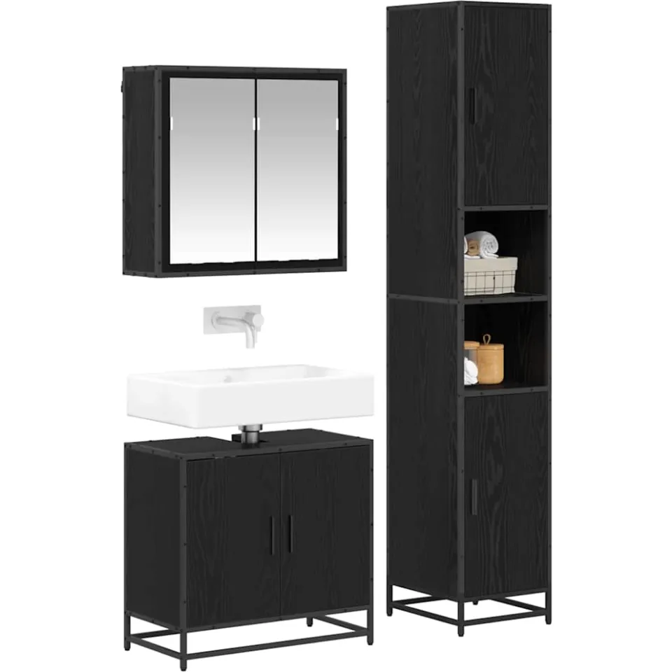 vidaXL Badkamermeubelset 3 st Zwart Eiken 65 x 33 x 60 cm Bewerkt hout