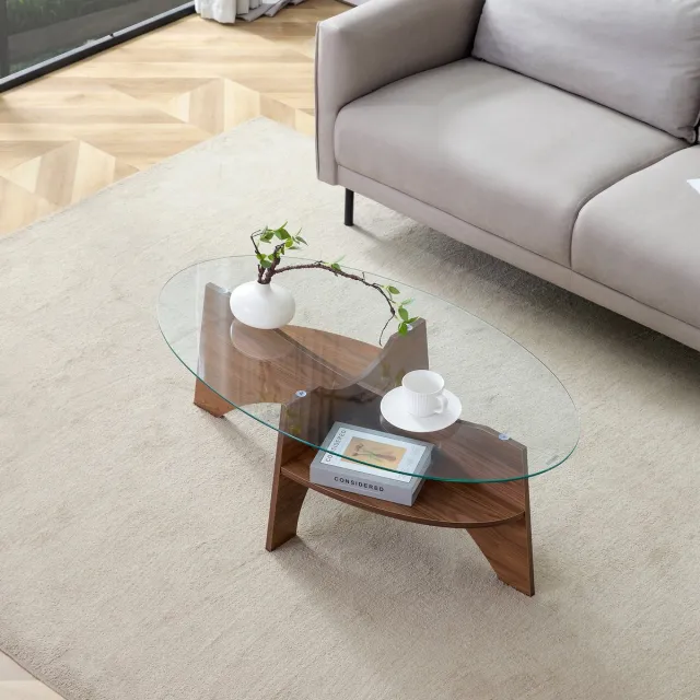 STILVORA Salontafel - Ovale Veiligheidsglas Met Opbergplank - Voor Woonkamer En Eethoek - MDF En Glas - 104,9x60 Cm - Transparant;Walnoot Notenhout