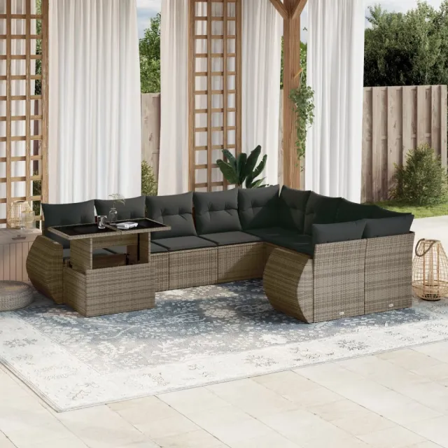 vidaXL 10-delige Loungeset met kussens poly rattan grijs, foto 2