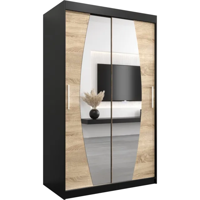 InspireME Kledingkast met 2 schuifdeuren, Modern-stijl, Een kledingkast met planken en een spiegel (BxHxD): 120x200x62 - GLOBE 120 Zwart Mat + Sonoma Eik met 2 lades