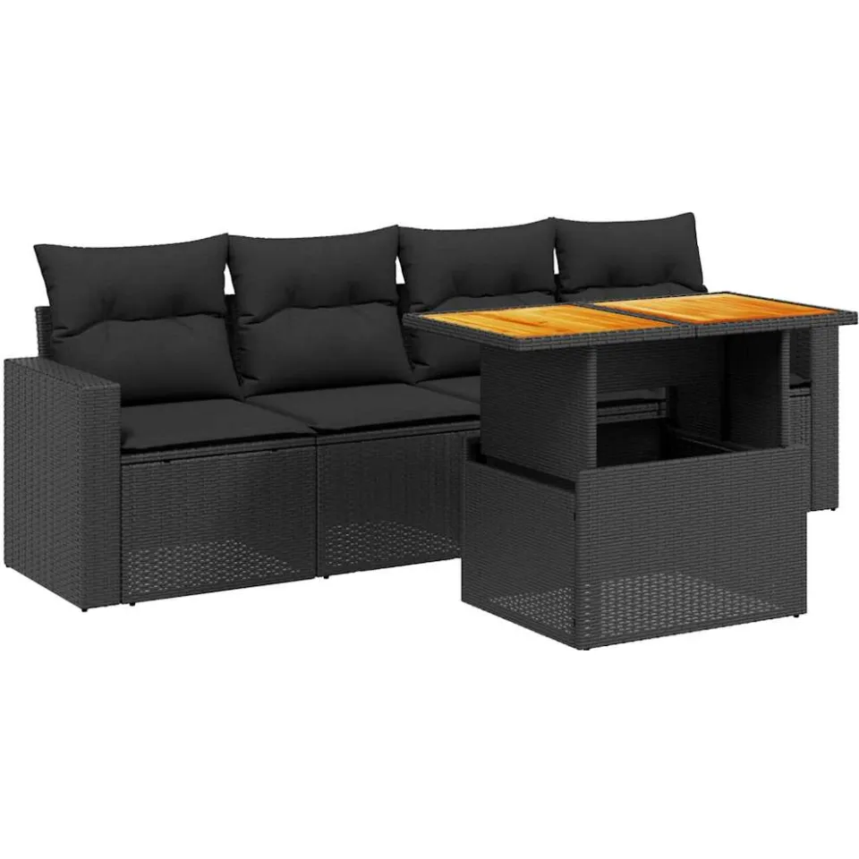 vidaXL 5-delige Loungeset met kussens poly rattan zwart, foto 3