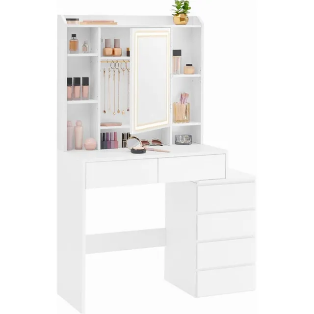 Sierra , KAILYN Collectie - Kaptafel met LED-verlichting, make-uptafel met spiegel, 40 x 98,3 x 145 cm, cosmeticatafel met lades, verstelbare planken, modern, wolkenwit RDT124WB01 wolkenwit.