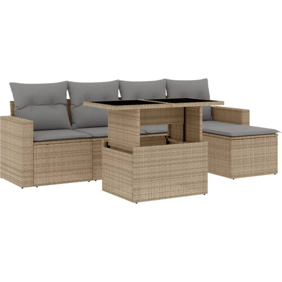 vidaXL 6-delige Loungeset met kussens poly rattan beige