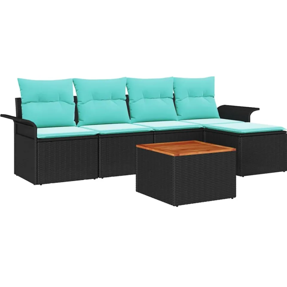 vidaXL Tuinbankenset 6 st Zwart en Turquoise poly rattan