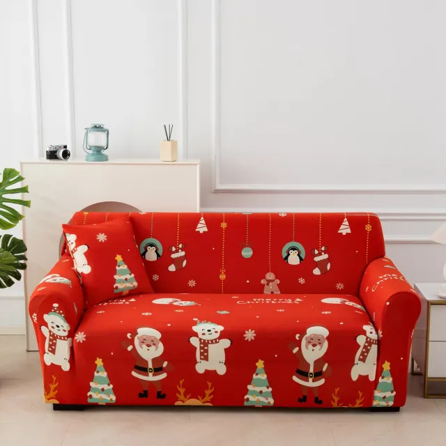 FLITI Kerst Bankhoes – Elastische Stretch Bankovertrek – Antislip & Wasbaar – Volledige Bescherming – Kerstpinguïn Print – Rood – Voor 2-Zits Bank – 145–185 cm – 1 Stuk