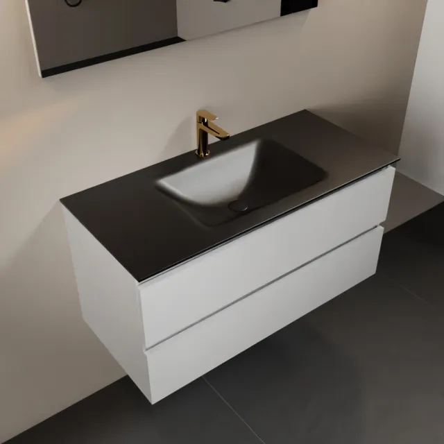 Mondiaz AIVY 100cm badmeubel Talc, wastafel Urban solid surface midden 1 kraangat met spiegel (AI-351321URBAN-SI - AI-M100TAMI - AI-S100X70)