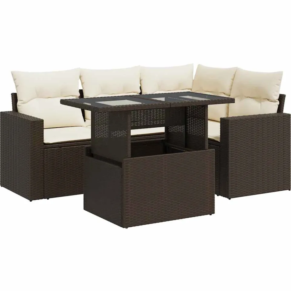vidaXL 5-delige Loungeset met kussens poly rattan bruin, foto 3