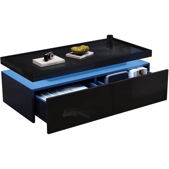 Merax Hoogglans Salontafel - Met LED-Verlichting - 2 Lades en Open Opbergvak - Moderne Minimalistische Woonkamertafel - Zwart - 95x45x35 cm