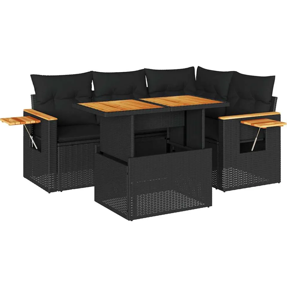 vidaXL 5-delige Loungeset met kussens poly rattan acacia zwart, foto 3
