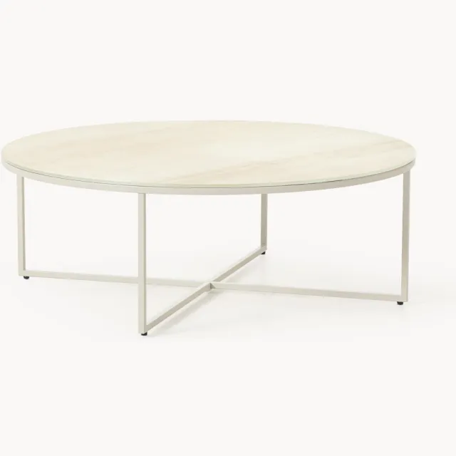 Westwing Collection Ronde XL salontafel Antigua met glazen tafelblad in marmerlook Beige, Wit