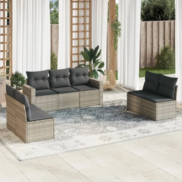 vidaXL 7-delige Loungeset met kussens poly rattan lichtgrijs grijs, foto 2