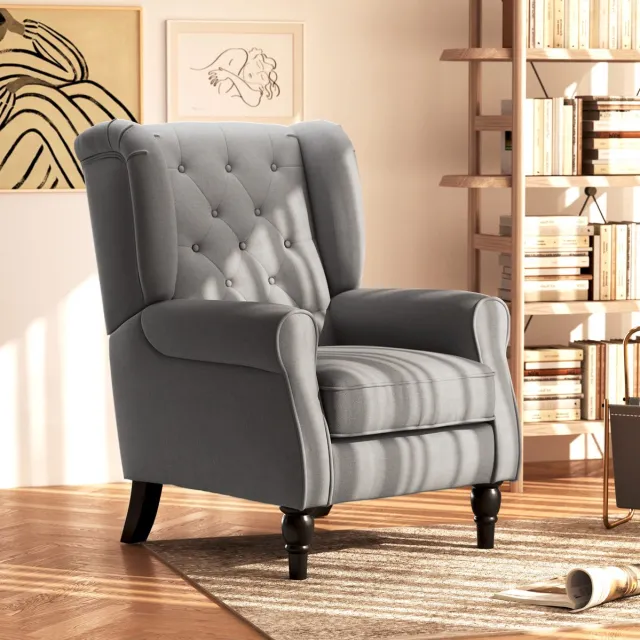 REDOM Fauteuil - Hoge rugleuning met knopenstiksel - Vast model - Met armleuningen - Klassieke stijl - Woonkamer en slaapkamer - Polyester en hout - Donkergrijs - 74 x 86 x 102 cm