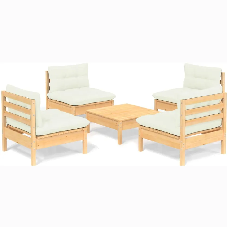 vidaXL 5-delige Loungeset met crèmekleurige kussens grenenhout, foto 3