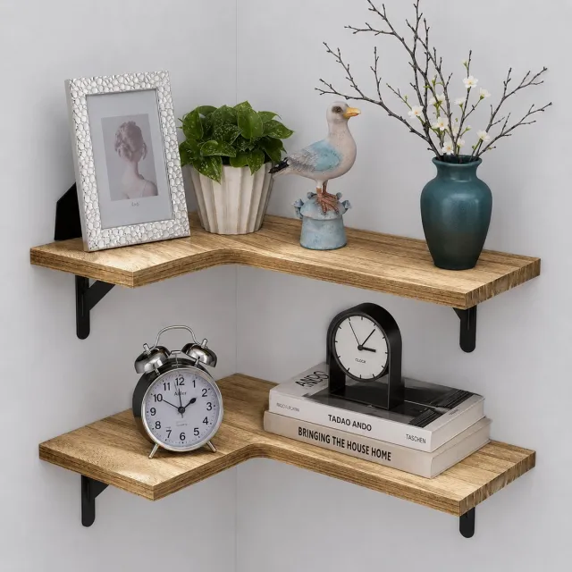 AIMASON Wandplank Zwevend Set 2 Stuks 39.8 x 30 x 1.5CM - L Shape Hoekplanken - Draagkracht 10 kg per Plank - Houten Muurplanken - Wandrek Boekenplank Decoratie Opbergrek – Voor Woonkamer Slaapkamer Keuken Badkamer & Hal Houtkleur
