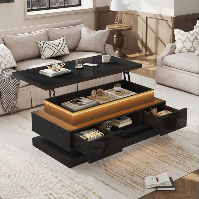 DantefHandels 100*50*40Cm anhebbarer salontafel met 2 lade, Hochglanz-bijzettafel met LED, salontafel, salontafel, woonkamertafel met verstecktem opbergruimte, zwart, Spanplatte