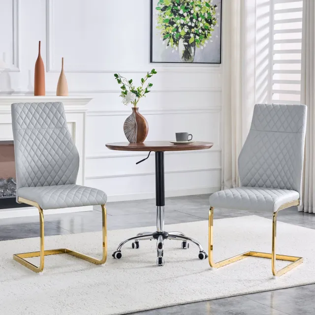 DESMIU Eetkamerstoel Set Van 2 - Geruit Gestikt Design Met Hoge Rugleuning - Voor Eetkamer En Woonkamer - Kunstleer - Grijs Goud Light Gray