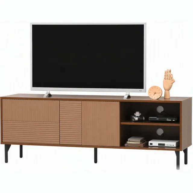 ECTEATOY ®TV-Meubel voor TV's tot 65 Inch - TV-Kast met 2 Deurtjes en Open Vakken - Lowboard met Kabelgat - 150x40x56 cm - Bruin