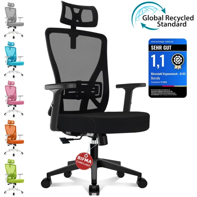 Durrafy Ergonomische Bureaustoel - Bureaustoel - Office Chair - Bureaustoelen voor Volwassenen met Verstelbare Armleuningen & Hoofdsteun - Verstelbare Lendensteun - Computerstoel met 90°-135° Kantelbare Rugleuning - Max. 150 kg - Zwart D03