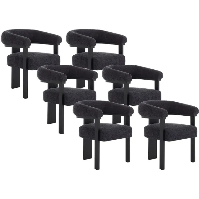 Vente-unique Set van 6 stoelen met armleuningen van boucléstof en zwart rubberhout - Donker antraciet - LIVELIA Antracietgrijs