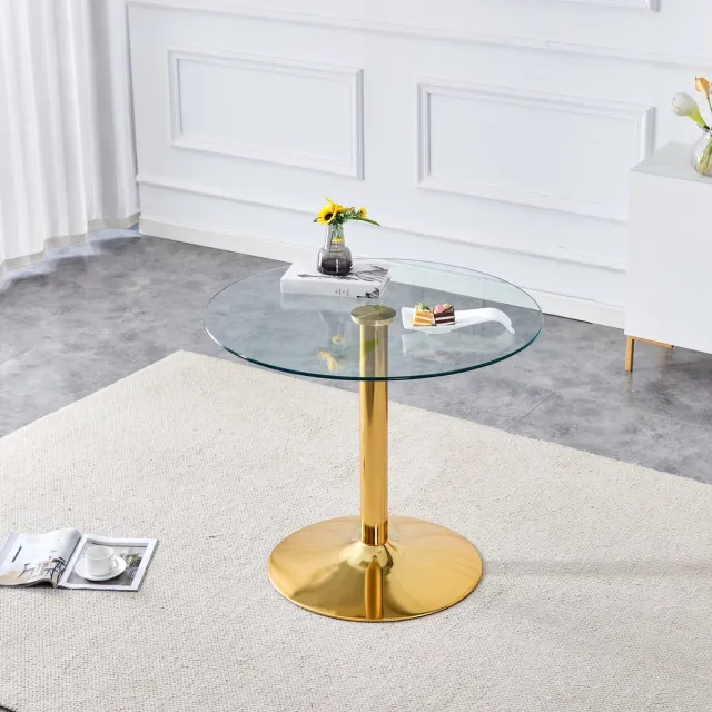 MIVRAY Eettafel - Ronde Glazen Tafel Met Gehard Tafelblad - Modern Voor Eethoek En Café - Glas En Metaal - 85 X 85 X 76 Cm - Goud Transparant Gold