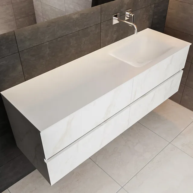 Boss & Wessing Badkamermeubel BWS Valencia Carrara Mat 200 cm Solid Surface Wastafel Rechthoekige Wasbak Rechts (0 kraangaten, 4 lades)