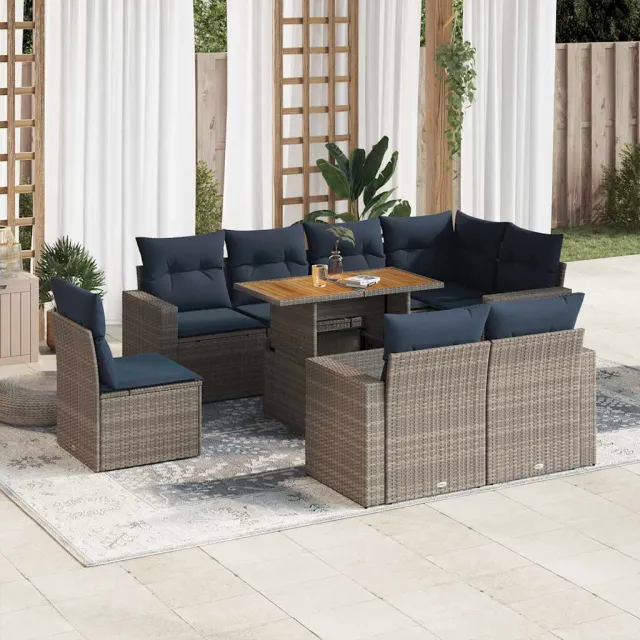 vidaXL 9-delige Loungeset met kussens poly rattan grijs, foto 2
