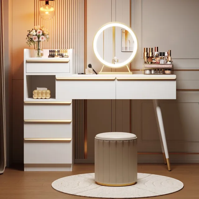 MIVRAY Kaptafel - Uitschuifbaar Met LED Spiegel En 6 Laden - Voor Slaapkamer - Spaanplaat - Wit - 100x41,5x102 Cm