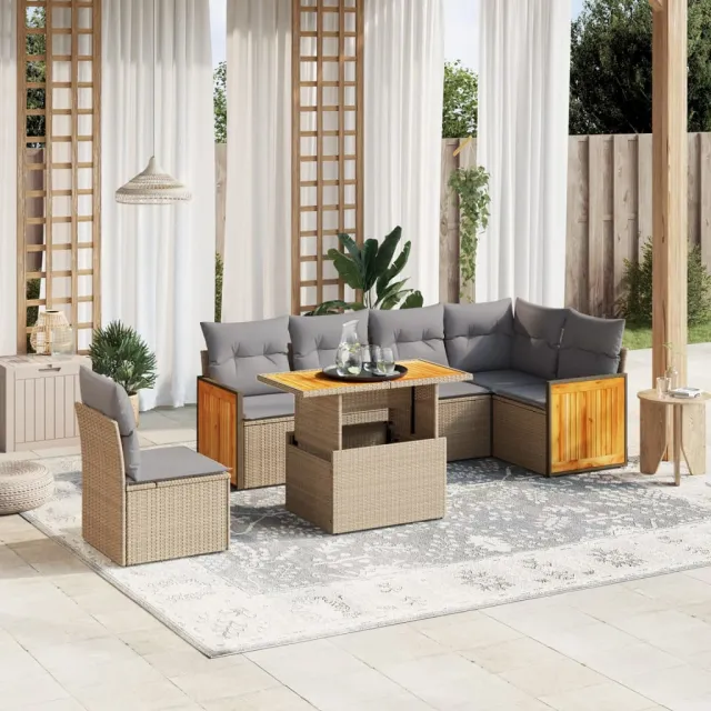 vidaXL 7-delige Loungeset met kussens poly rattan beige, foto 2