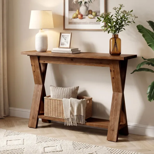 Little Trees LITTLE TREE Consoletafel - 105 x 30 x 80 cm - Met X-Vormige Poten - 2 Open Planken - Rustieke Landelijke Stijl - Slank Ontwerp - Voor Hal En Woonkamer - Bruin
