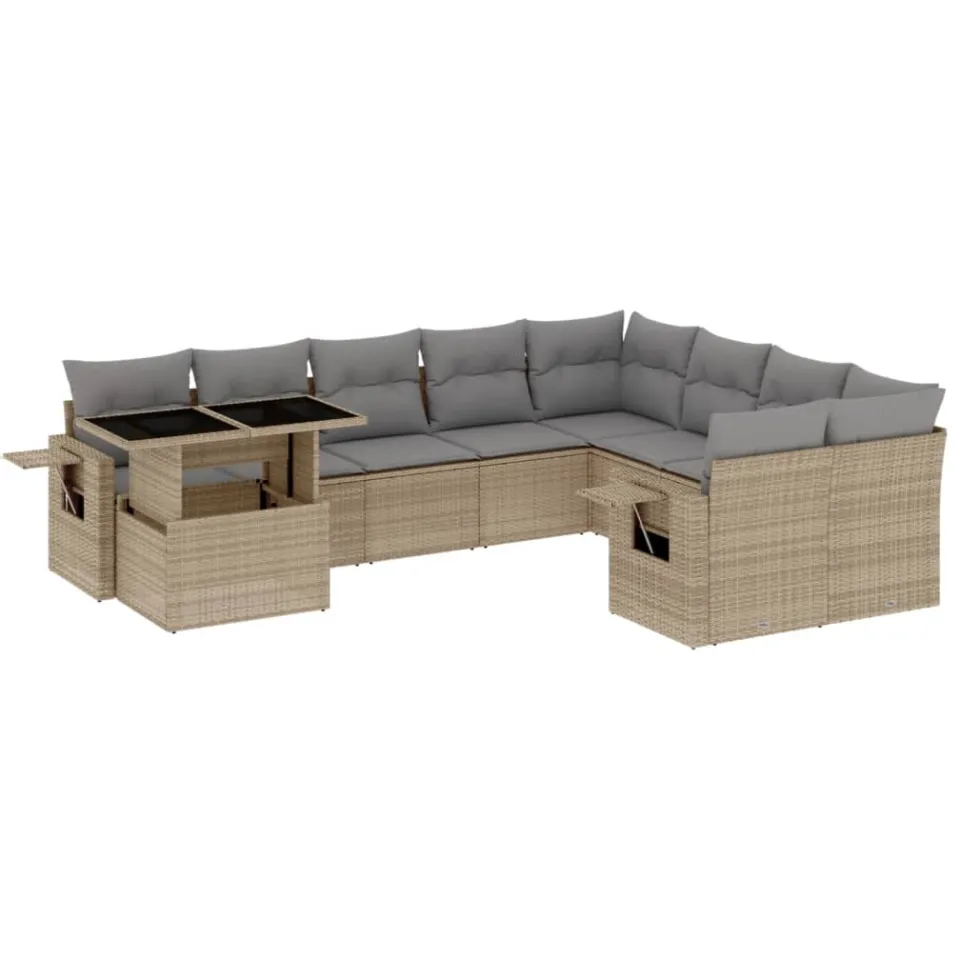 vidaXL 10-delige Loungeset met kussens poly rattan beige