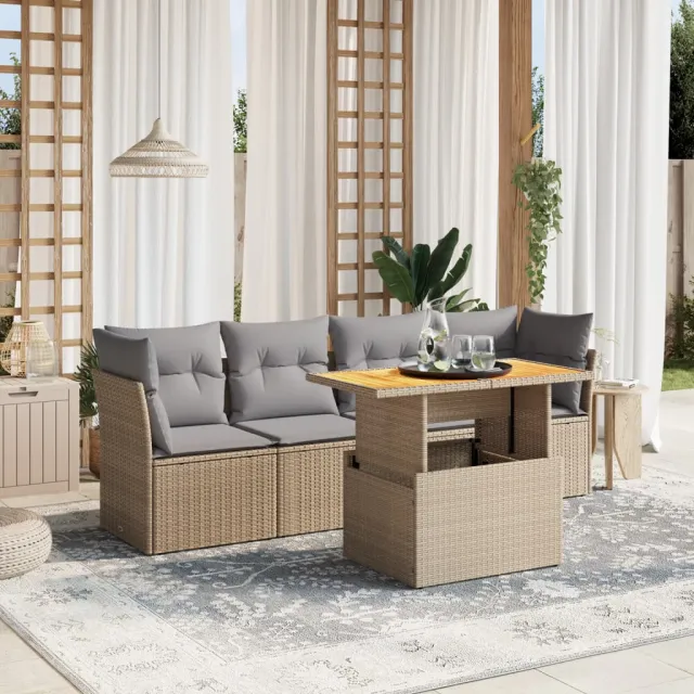 vidaXL 5-delige Loungeset met kussens poly rattan beige, foto 2