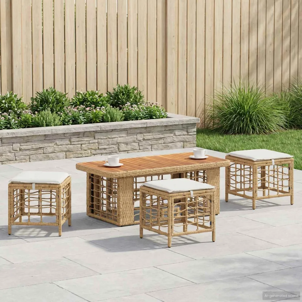 vidaXL Tuin eettafelset 4 st Natuur en Wit Poly Riet en Acaciahout, foto 3