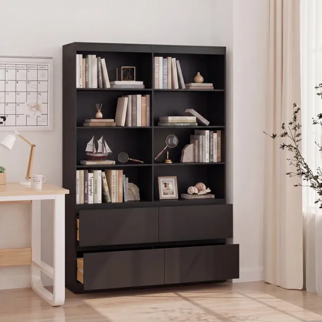 Bealife AP131 Boekenkast – Met 8 Open Vakken en 4 Laden - 120 x 34 x 180 cm - Zwart
